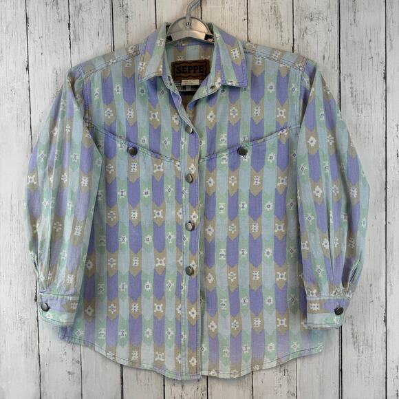 VTG Seppe Blue/Purple Aztec Western Southwest Metal Button Down Shirt Size Small - Picture 2 of 14